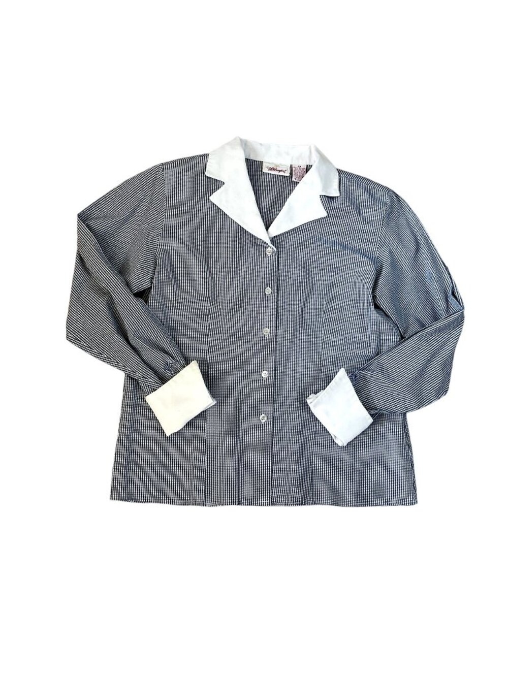 Vtg Worthington Checkered Flip Cuff Blouse Sz 6M Shoulder Pads Office Workwear